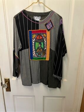 Faith VTG Patchwork Shirt Bohemian Oversized Festival Hippie Colorful Rayon sz M